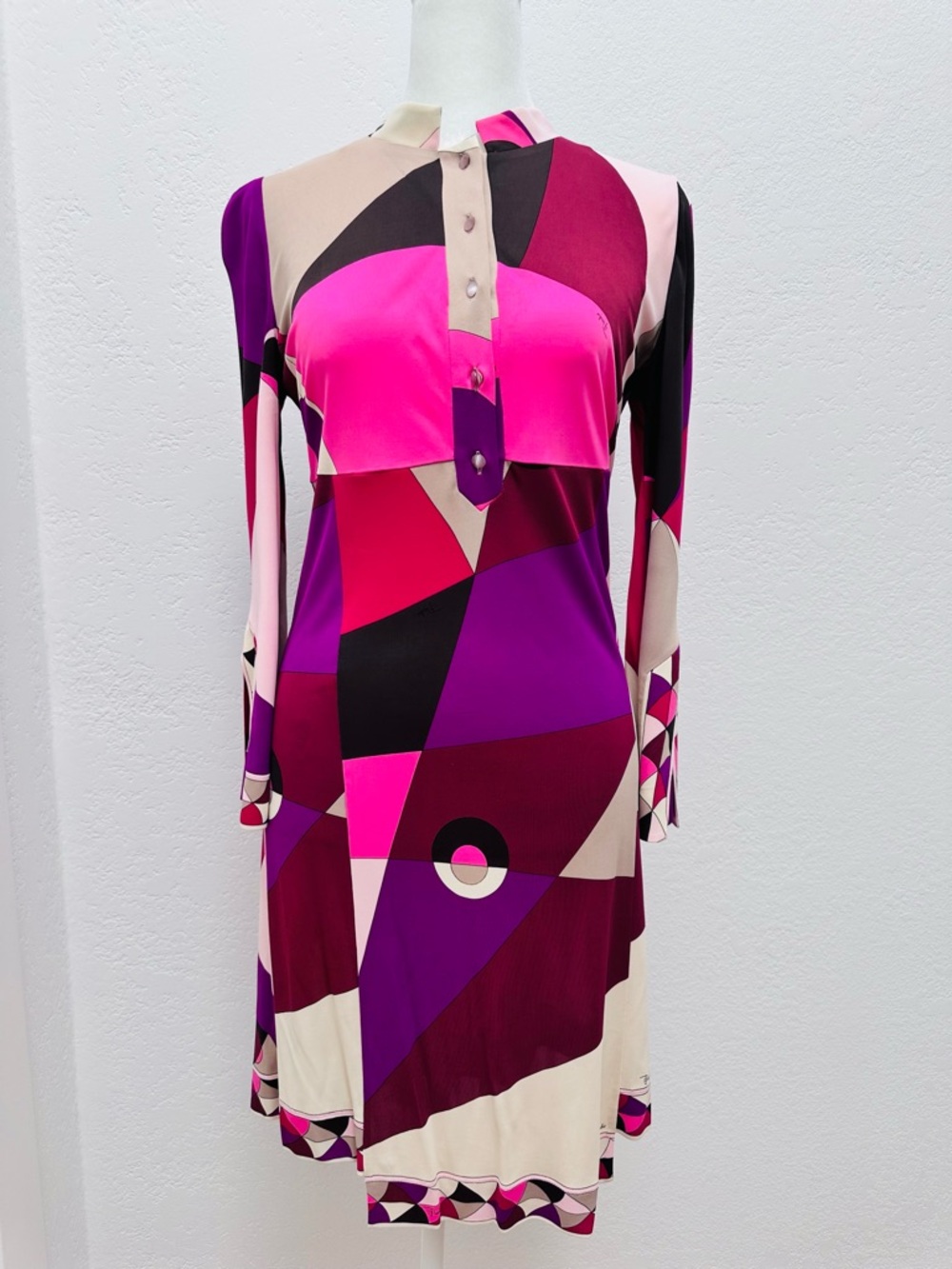 Emilio Pucci Colorblock Geometric Long Sleeve Dress in Pink, Purple, Cream